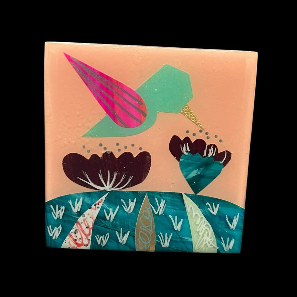 OOAK Lan Art and Design Hummingbird 4x4 block Picture paper collage original art